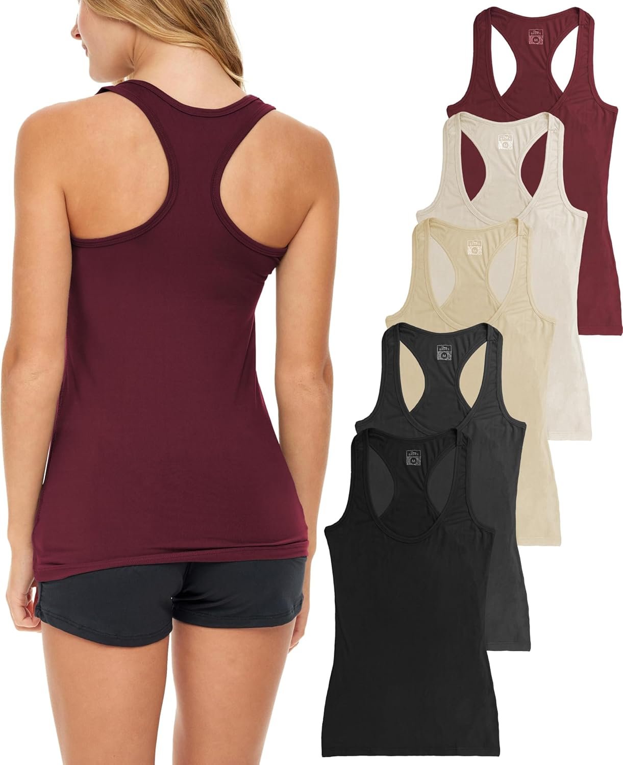 Sexy Basics Women’s 5 Pack Racerback PowerFlex Tank Tops/Cotton -Spandex Stretch Color Tank Tops
