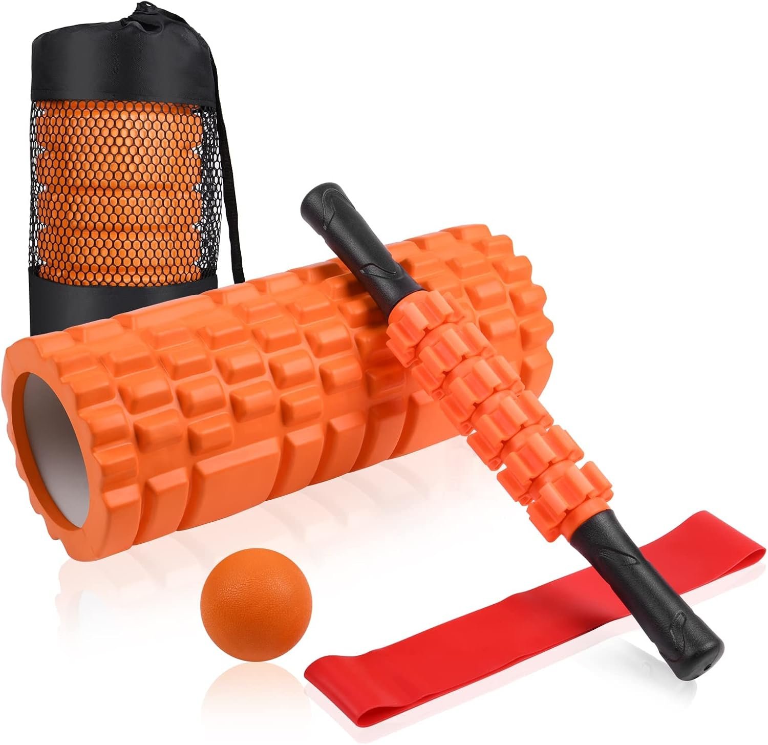 Aucuu 6 in 1 Foam Roller Set Includes Hollow Core Massage Roller, Yoga Stick, Massage Ball, Fitness Stretching Strap, Carrying Bag, Towel, Massage Roller (Orange)