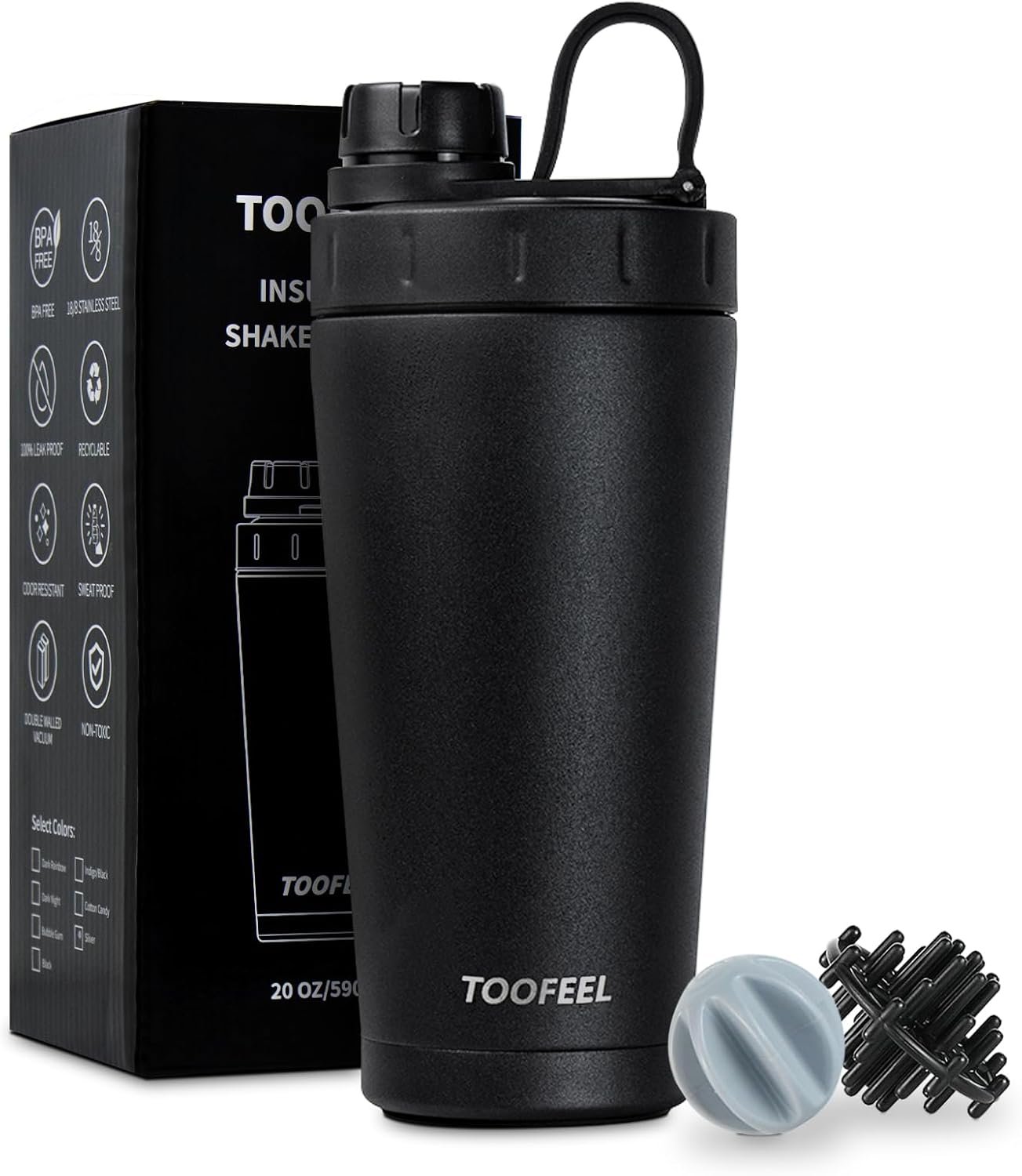 TOOFEEL Stainless Steel Shaker Bottle – 20 oz Double Walled Insulated Shaker Cup, Keeps Cold/Hot, For Protein Mixes & Gym Workout