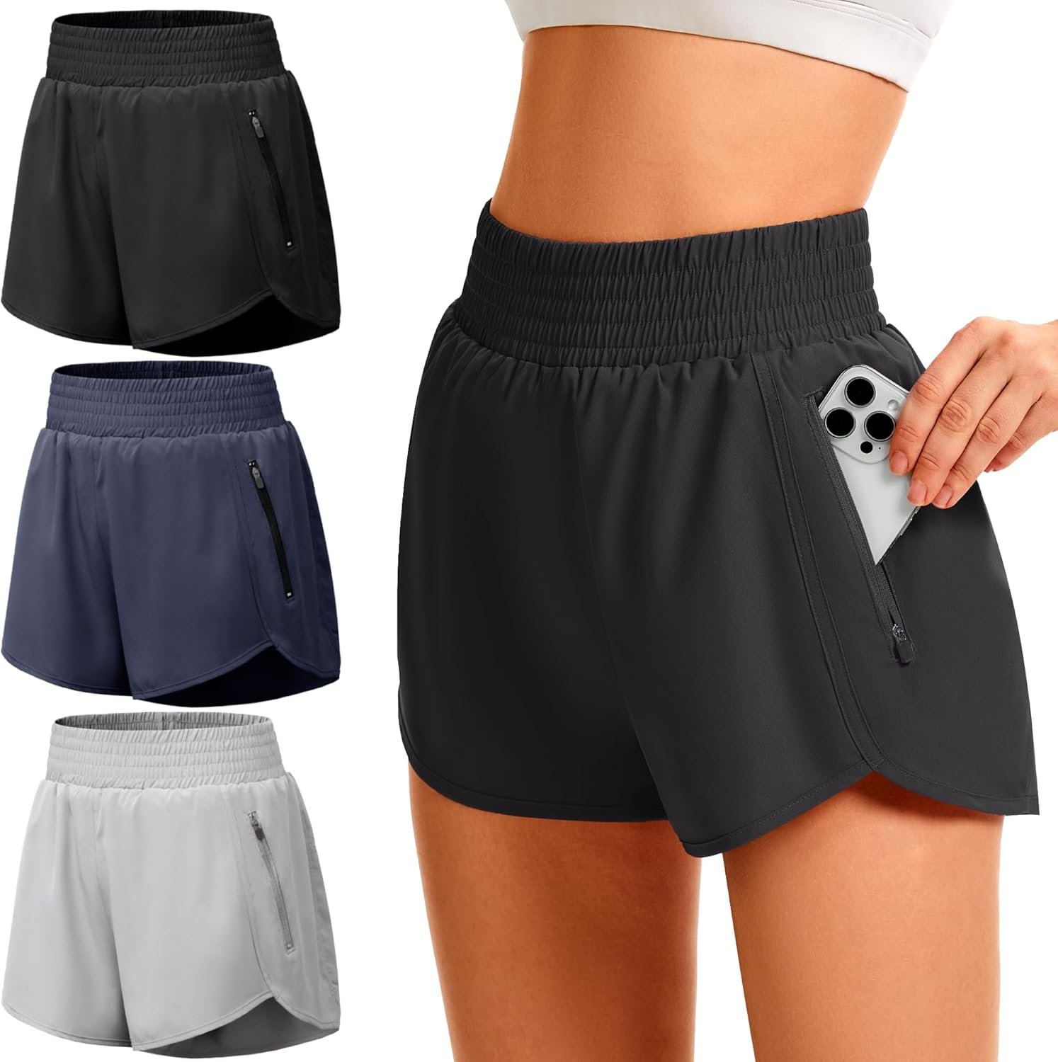 TVKSOM Women’s Athletic Workout Shorts High Waisted with Zipper Pockets Gym Elastic Running Shorts for Women Casual