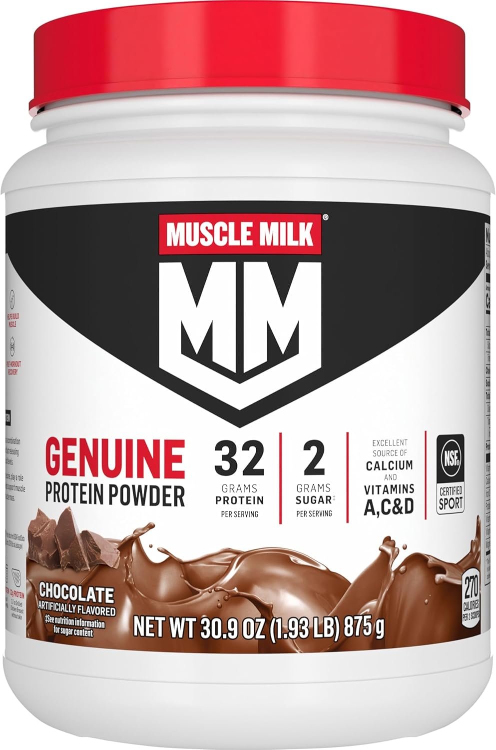 Muscle Milk Genuine Protein Powder, Chocolate, 1.93 Pounds, 13 Servings, 32g Protein, 2g Sugar, Calcium, Vitamins A, C & D, NSF Certified for Sport, Energizing Snack, Packaging May Vary
