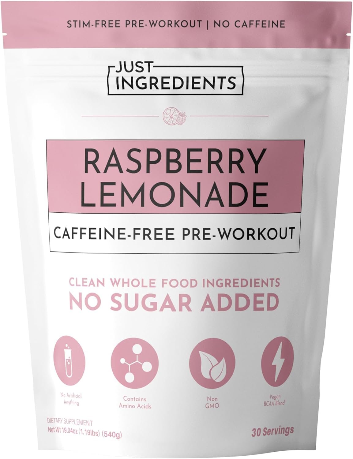 JUST INGREDIENTS Pre-Workout Raspberry Lemonade – Caffeine-Free, Plant-Based, BCAA Blend, Beta Alanine, Organic, Powder – 30 Servings
