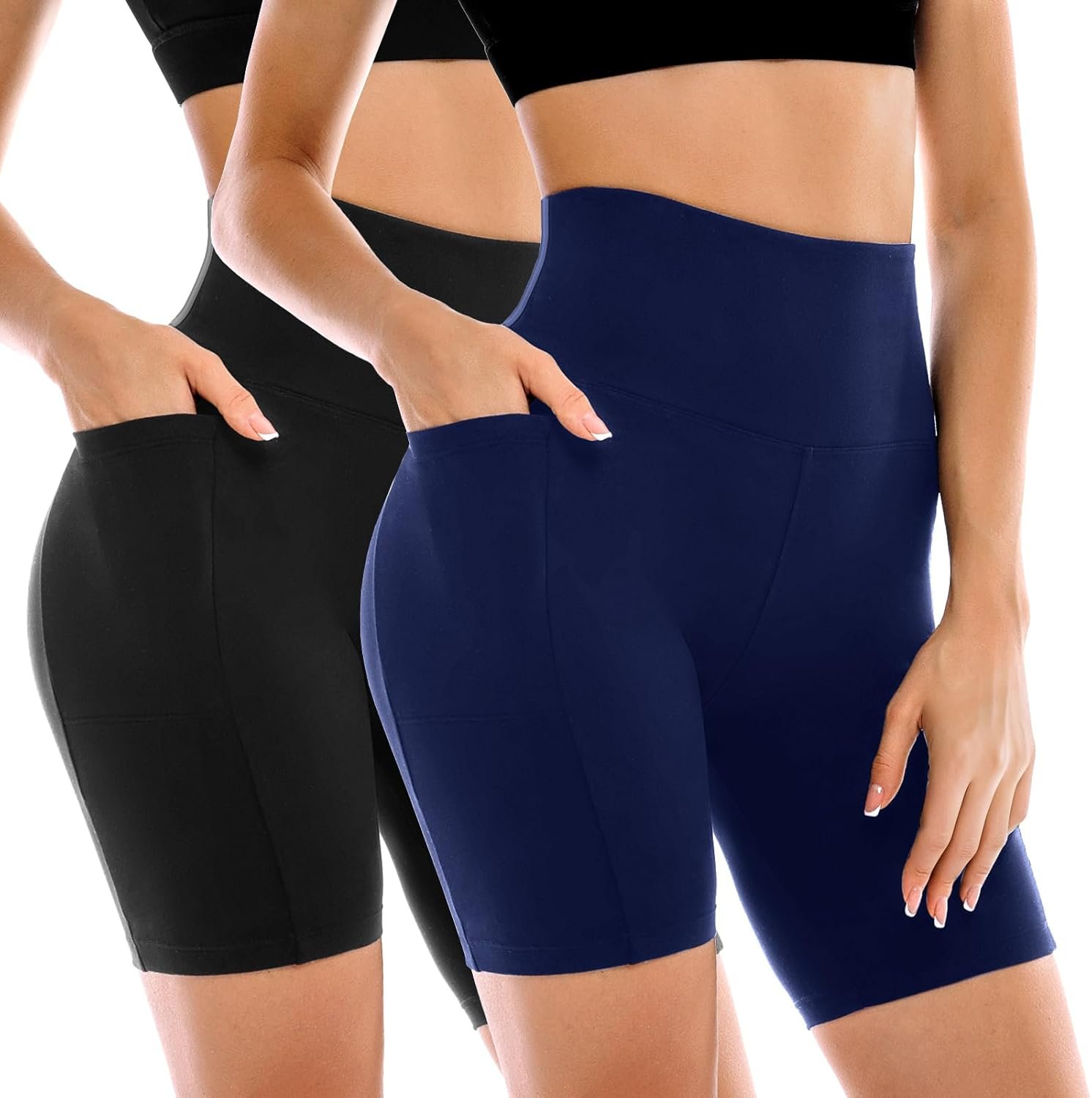 Leafigure 2 Pack Womens Biker Shorts with Pockets, High Waisted Tummy Control Yoga Shorts for Women Running Gym and Workout