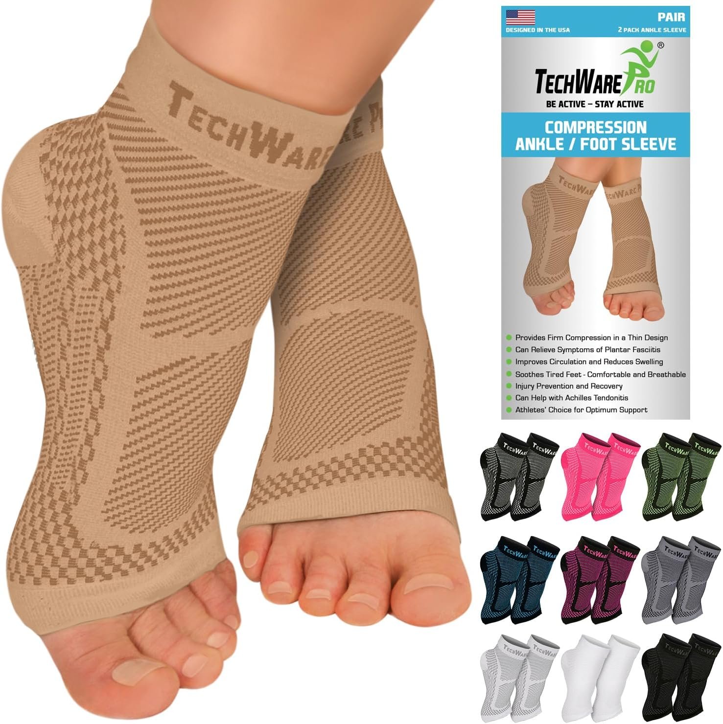 TechWare Pro Ankle Brace Compression Sleeve – Plantar Fasciitis Sock. Relieves Achilles Tendonitis. Foot Arch Support Reduces Joint Pain, Swelling & Heel Spur Pain. Injury Recovery Braces for Sports