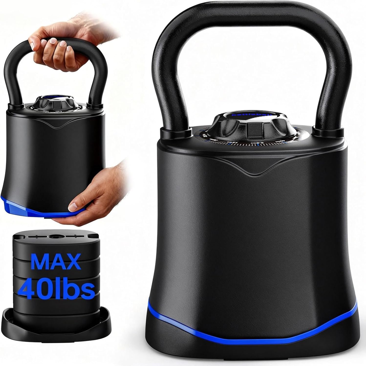 Adjustable Kettlebell，6-in-1 Quick Change Adjustable Kettlebell Set (6.5-40 LBS) for Home Gym – Space-Saving Design with Scratch-Resistant Rubber Base to Protect Floors, Two-Way Rotating Handle for Full Body Workouts
