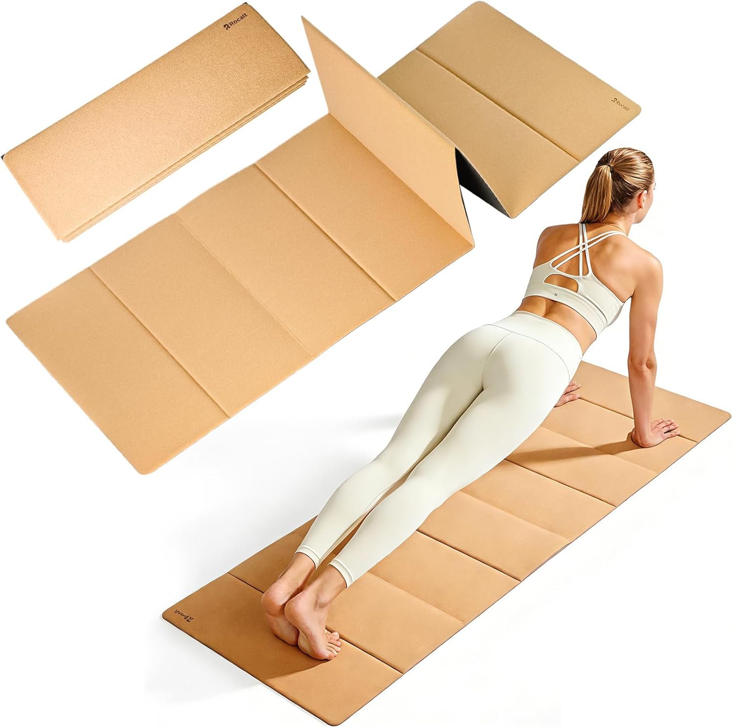 Rocalt Foldable Cork Yoga Mat for Travel, Non Slip Lightweight Yoga Mat with Carry Strap, Eco-Friendly Portable Workout Mat for Pilates, Hot Yoga, Stretching & Home Gym