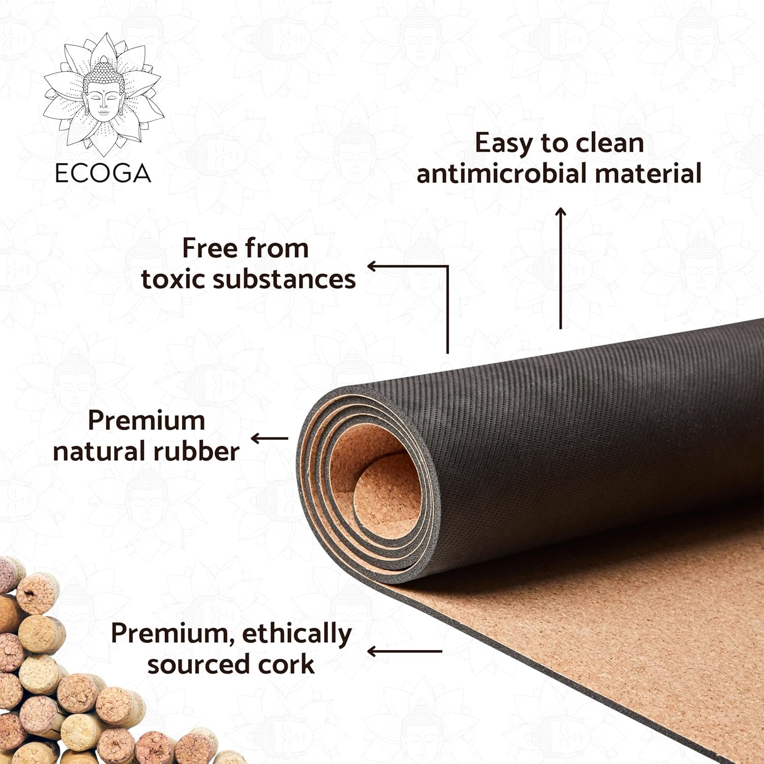 Sustainable Cork Yoga Mat With Natural Rubber Base – Nonslip, Antimicrobial, Eco-friendly, 5mm Thick – Includes Canvas Carry Bag and Carry Strap