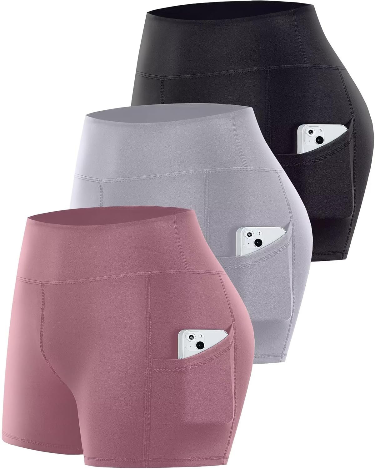 3 Pack Biker Shorts with Pockets Women,5”/8″ Soft High Waist Tummy Control Yoga Workout Athletic Running