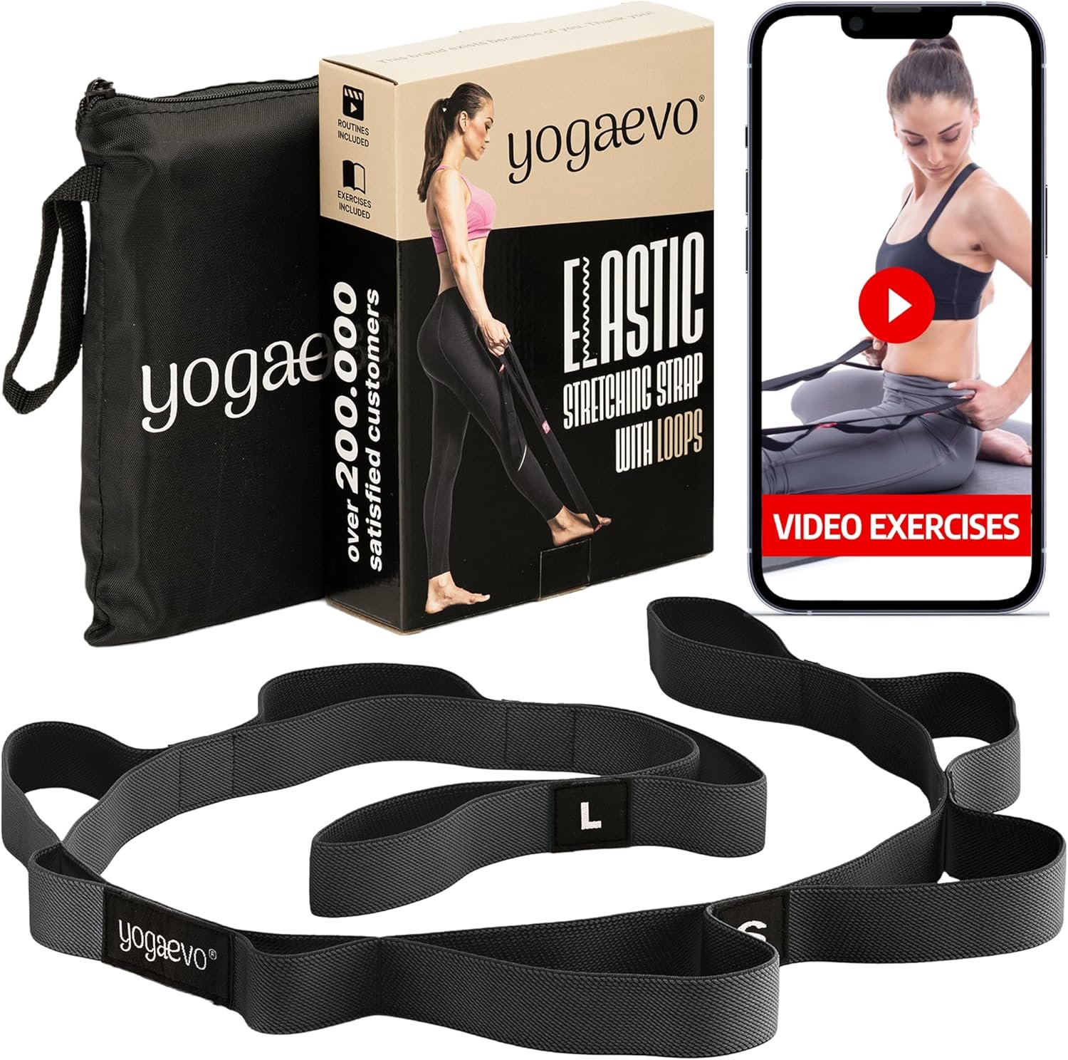 YOGA-EVO Elastic Stretching Strap with Loops for Physical Therapy – Stretch & Activate Muscles – Increase Mobility & Recovery – Soft Cotton & Spandex – Includes Carrying Pouch & Video Exercises