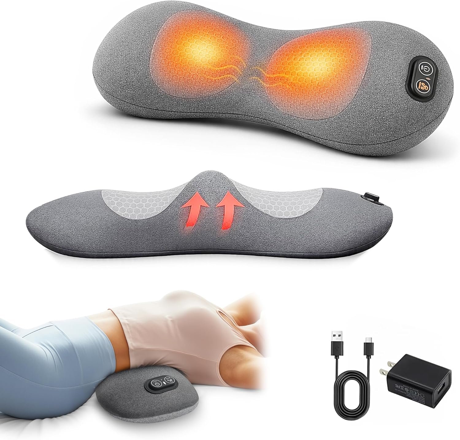 Triple Fusion Back Massager with Heat – 3-in-1 Lumbar Support Pillow & Back Stretcher for Lower Back, Ergonomic Memory Foam Spine Support for Gentle Stretch, Posture & Relaxation for Chair & Bed Use