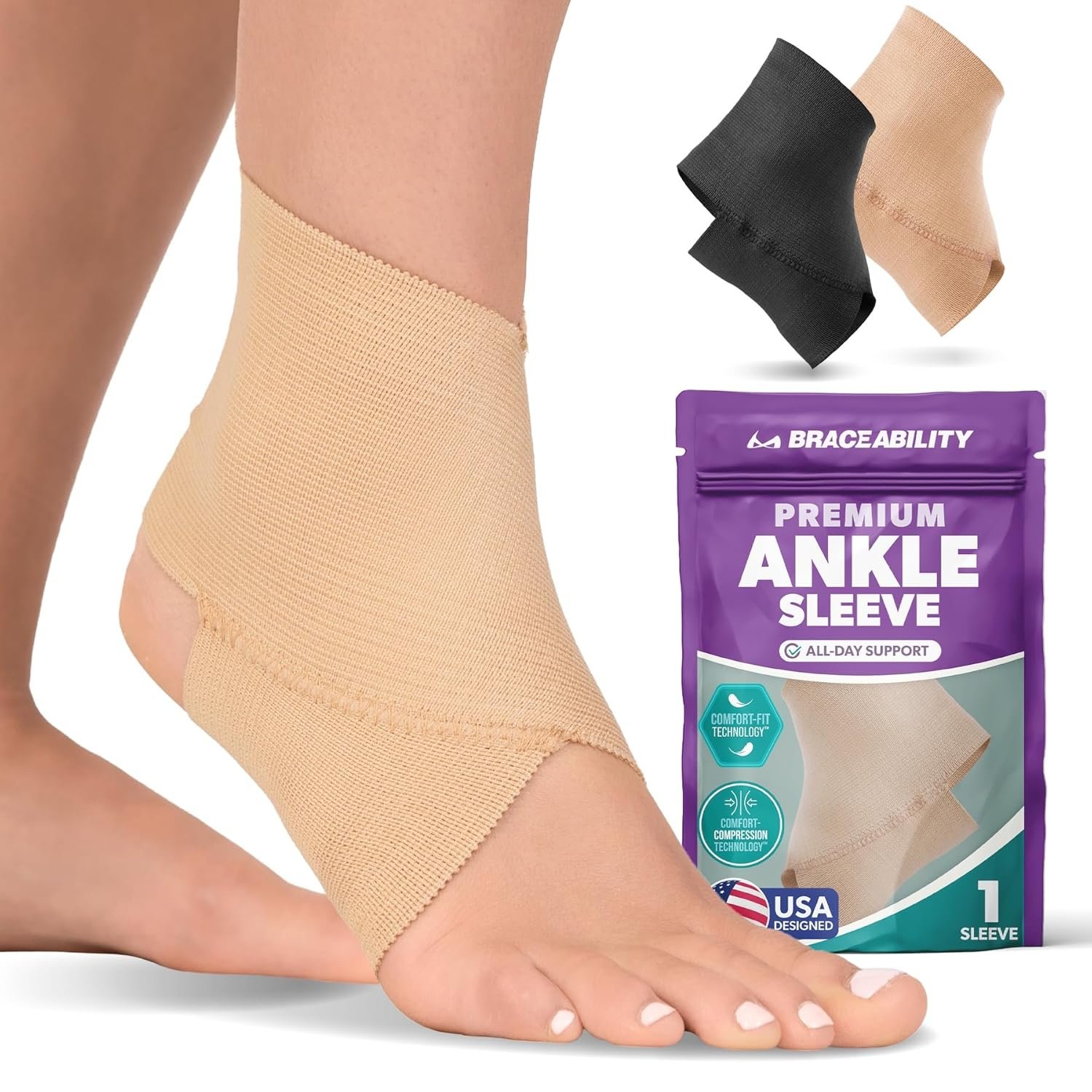 BraceAbility Elastic Ankle Support Brace – Lightweight Slip on Foot and Ankle Compression Sleeve for Gymnastics, Dance, Sports, Running, Exercise, and Sprained Ankle Swelling for Women and Men (Beige, Large)