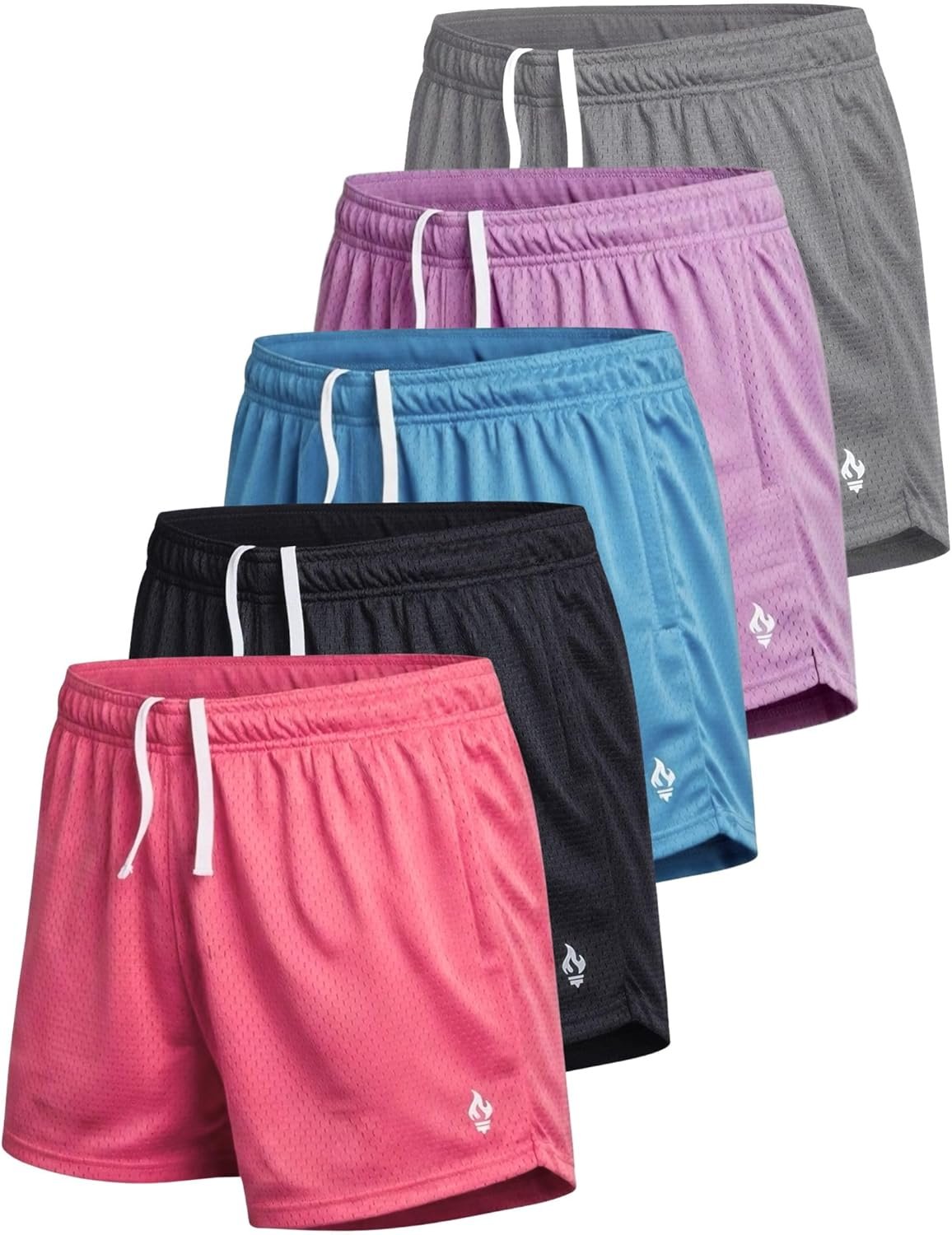 Liberty Imports 5-Pack Women’s Athletic Mesh Shorts 5″ Inseam, Ladies Loose Pull-On Shorts with Zipper Pockets