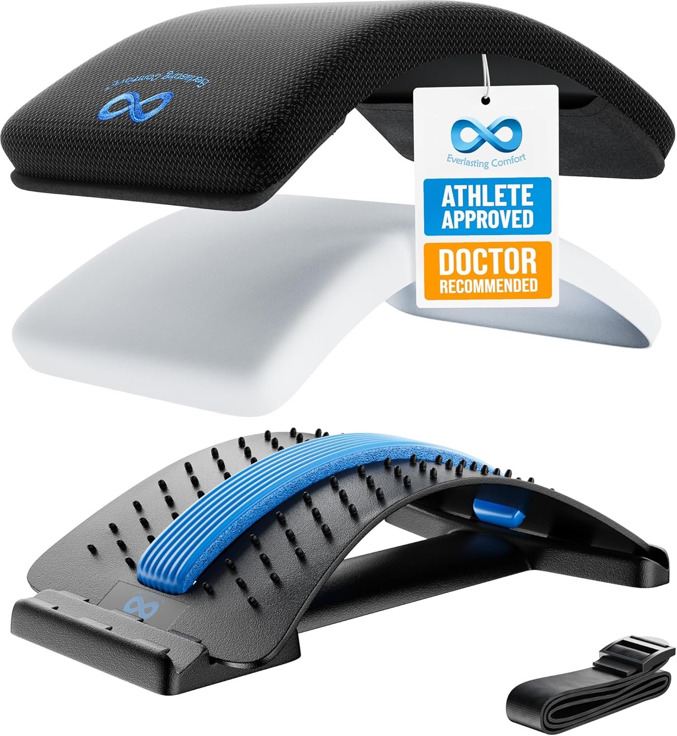 Everlasting Comfort Lumbar Support Board Back Stretcher for Lower Pain Relief – Adjustable Spine Decompression with 88 Acupressure Nodes – Back Cracking Device with Chair Strap for Posture Correction