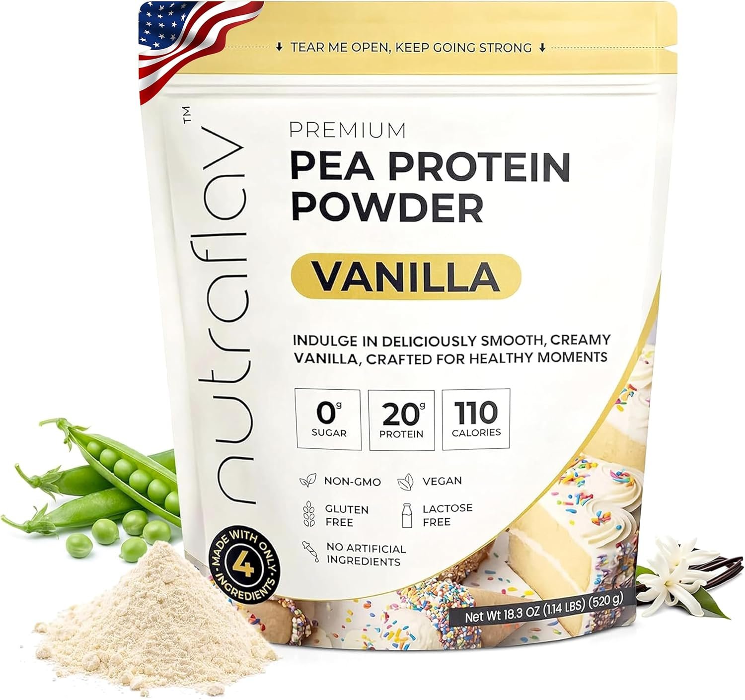 Vanilla Vegan Pea Protein Powder – Plant Based Soy Free Powder – 20g Protein Per Serving with 4 Ingredients – Iron-Rich, Easy to Digest – Zero Sugar – Great for Shakes & Smoothies – 20 Servings