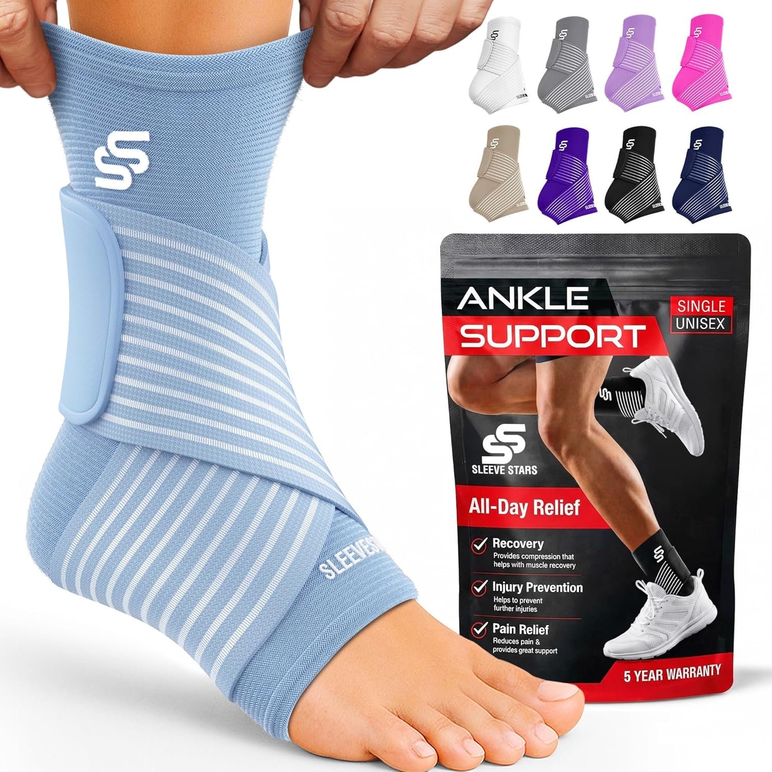 Sleeve Stars Ankle Brace for Women & Men, Ankle Wrap for Sprain, Compression Sleeve for Plantar Fasciitis Relief, Easy Customizable Support: w/ Removable Strap (Single/M:10″-12″/Light Blue)