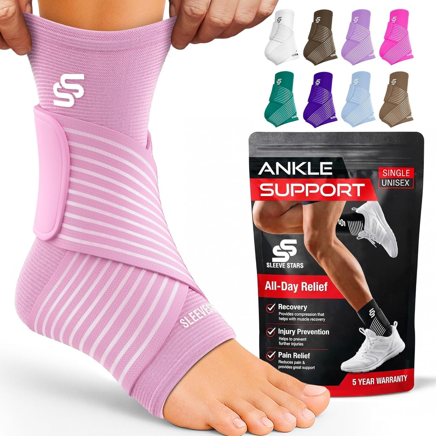 Sleeve Stars Ankle Brace for Women & Men, Ankle Wrap for Sprained Ankle, Compression Sleeve for Plantar Fasciitis Relief, Easy Customizable Support: w/ Removable Strap (Single/M:10″-12″/Baby Pink)